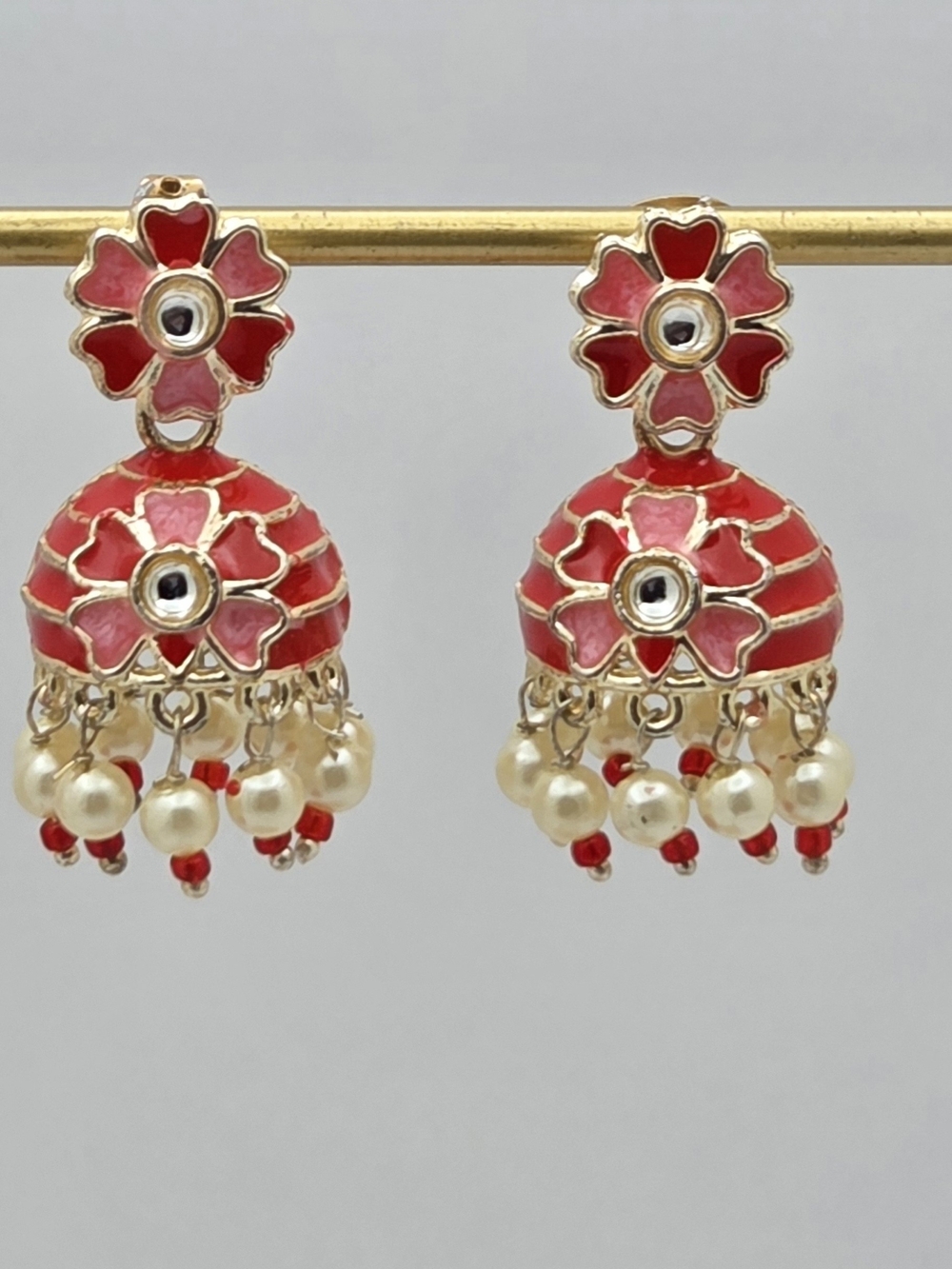 Traditional Indian Red Enamel Jhumka Dangle Earrings Pearl Beads